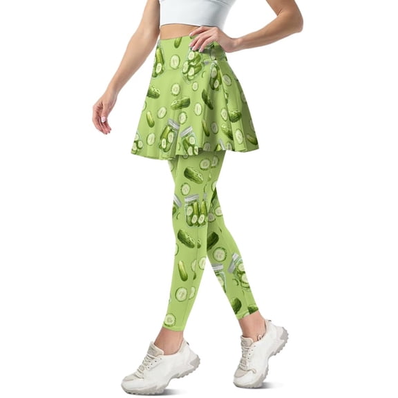 FUIALDOLG Green Pickle Leggings for Women Green Cucumber Skirt With Leggings High Waist Tennis Skirted Leggings with Pocket Soft Quick Drying Active Skorts Casual Trousers,Size XS