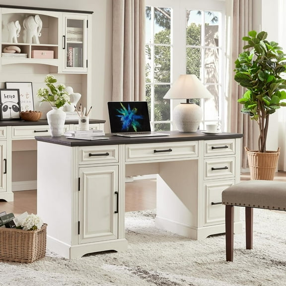 T4TREAM Farmhouse Wood 58" Executive Desk, Home Office 30" High Computer Desk with Drawers and Storage Cabinet, White