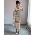 thumbnail image 4 of Women'S Striped V Neck Sweater Dress Long Sleeve Bodycon Midi Dresses Khaki M, 4 of 5
