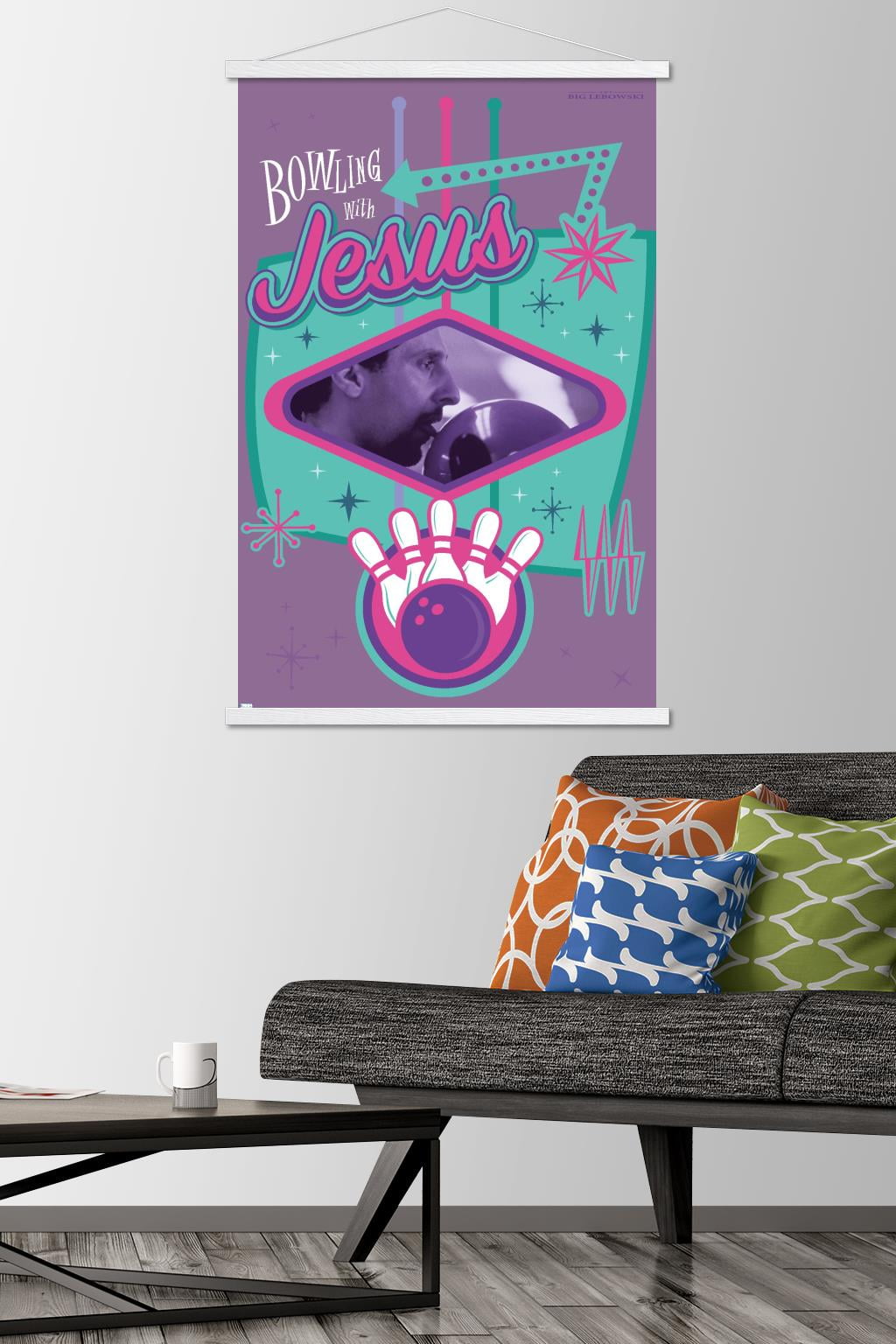 The Big Lebowski - Bowling with Jesus Wall Poster with Wooden Magnetic Frame, 22.375" x 34"