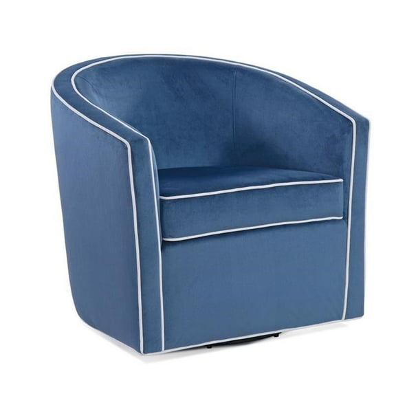 Bowery Hill Mid-Century Velvet with Cream Welt Barrel Swivel Chair in Blue