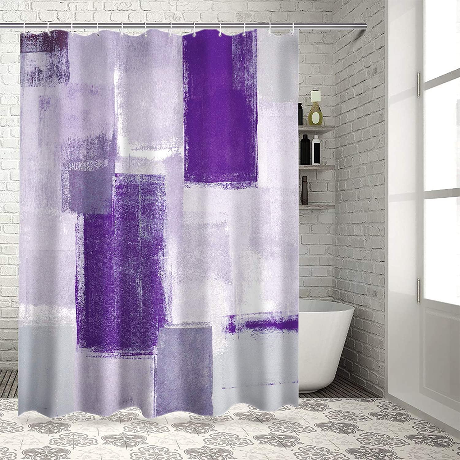 Fabric Shower Curtain for Bathroom, Abstract Geometric Lavender, Custom Shower Curtain Set with Hooks, Luxury Bathroom Curtains, Purple Grey Waterproof Polyester Bathroom Accessories, 72x72inch