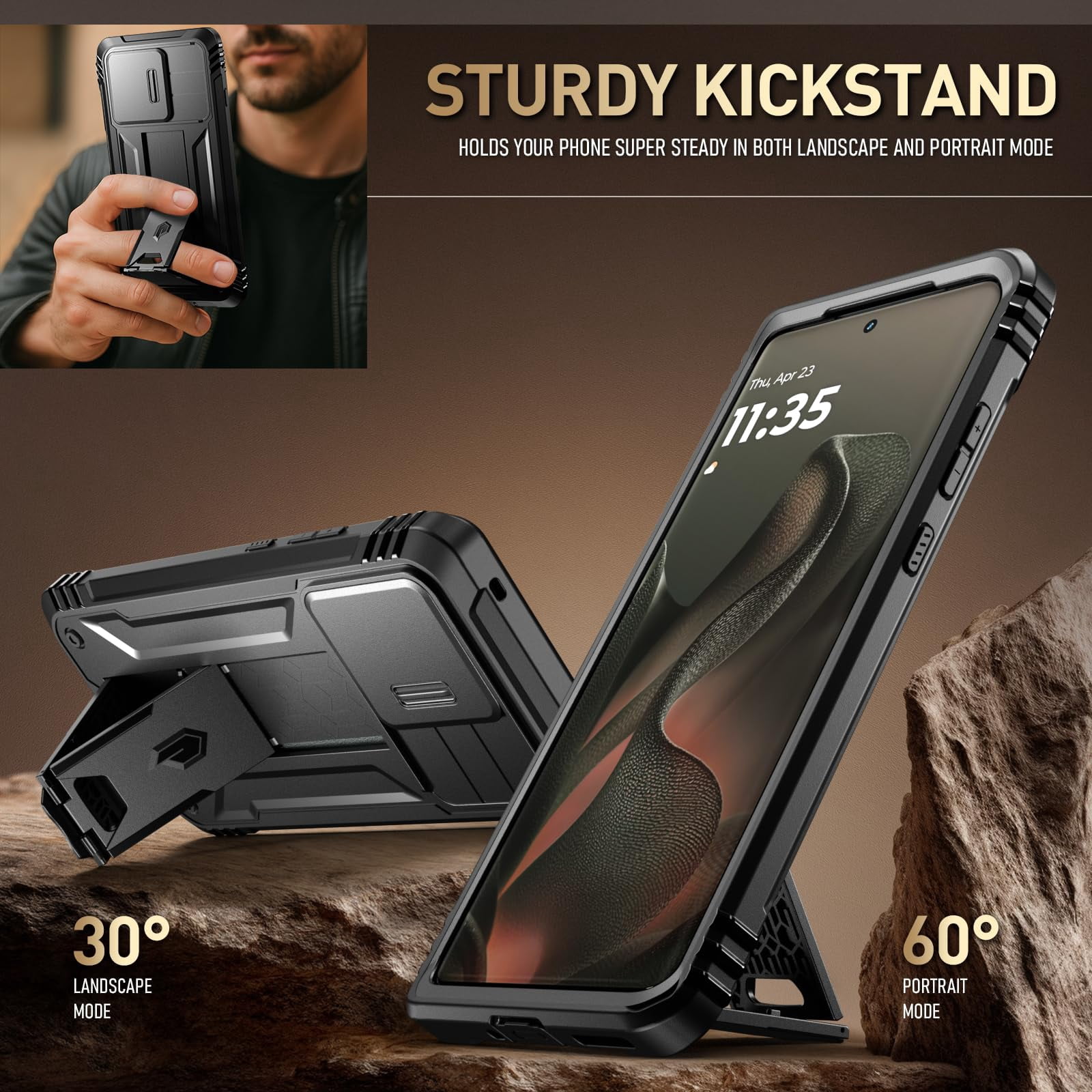 Poetic Revolution Case for Moto Edge 2025 [Not for 2024 Version], [Slide Camera Cover], Full-Body Military Grade Case with Kickstand and Built-in-Screen Protector, Black