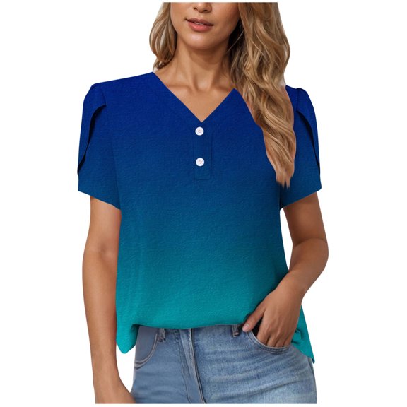 Fesfesfes Women's Trendy T-Shirt Summer Gradient Ramp Short Puff Sleeves V-Neck Tops Buttons Fashion Outdoor Pullover Blouses(Blue,XL)