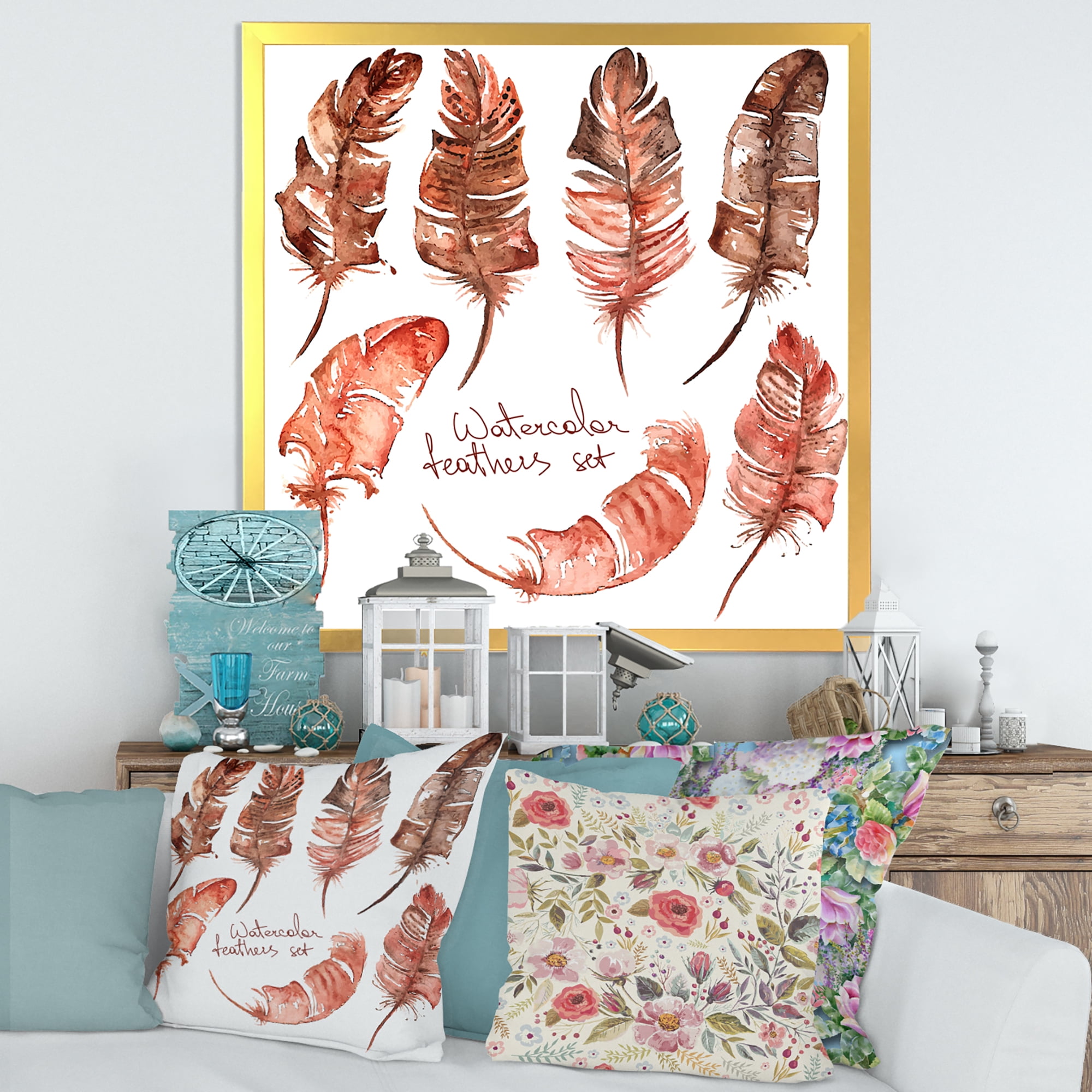 Designart 'Boho Art Feather Icons' Bohemian & Eclectic Framed Art Print