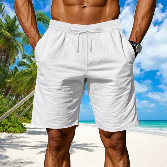 BLCHUNen Mens Summer Beach Shorts Cotton Linen Breathable Drawstring Elastic Casual Shorts with Pockets