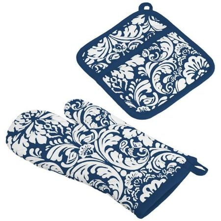 

Nautical Blue Damask Oven Mitt & Potholder Set
