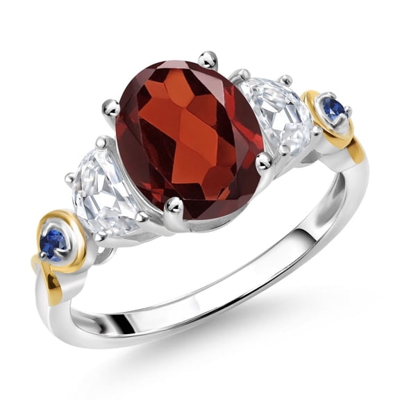 Gem Stone King 925 Silver and 10K Yellow Gold 3-Stone Ring Oval Red Garnet and Moissanite (2.63 Cttw, Size 7)