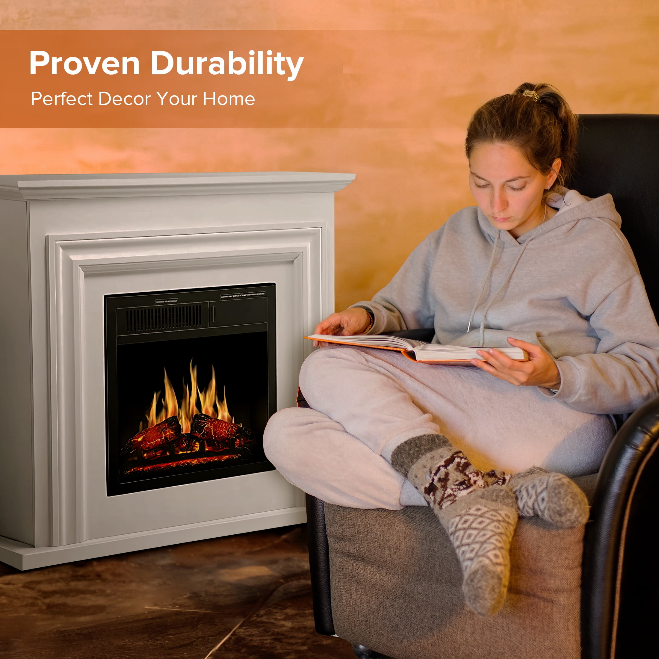 KISSAIR Electric Fireplace Mantel Wooden Surround Firebox, Free Standing Fireplace, with Remote Control, Adjustable LED Flame, 750W/1500W -Pearl White