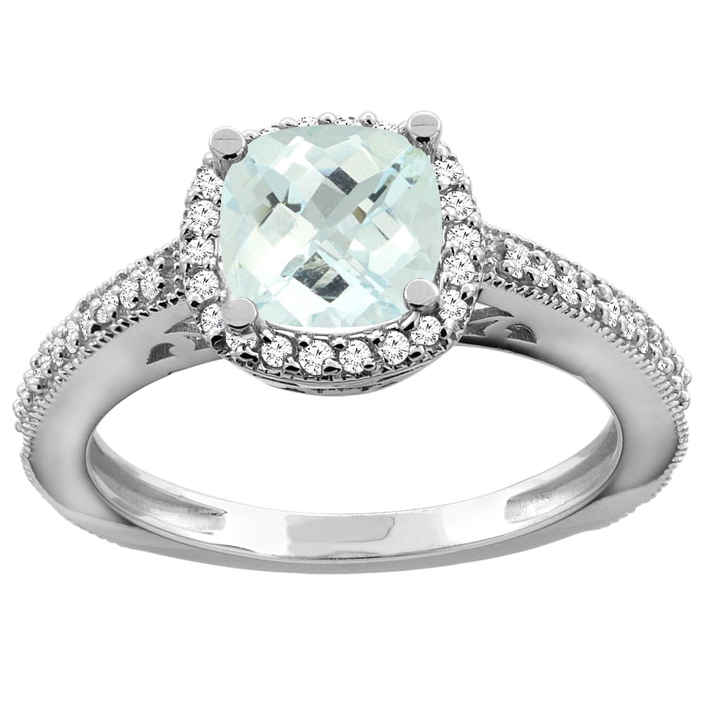 10K Gold Natural Aquamarine Engagement Ring Diamond Halo Cushion 7mm, sizes 5 10 by WorldJewels