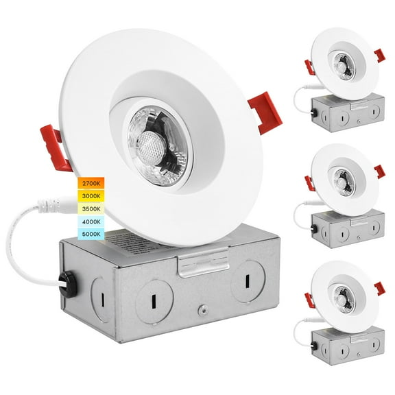 Luxrite 3 inch Gimbal LED Recessed Light with J-Box, 8W, 5 Color Selectable, 600 Lumens, Dimmable, Damp Rated, ETL, 4-Pack