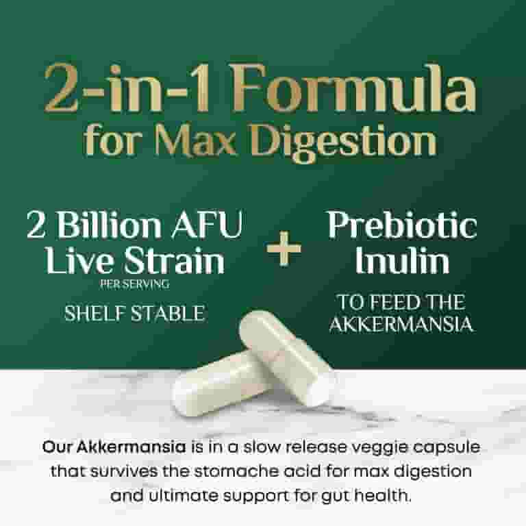 Akkermansia Probiotic Supplement for Women & Men, Akkermansia Muciniphila GLP 1 Probiotics with Prebiotic, 2 Billion AFU, Natural Digestive, Gut