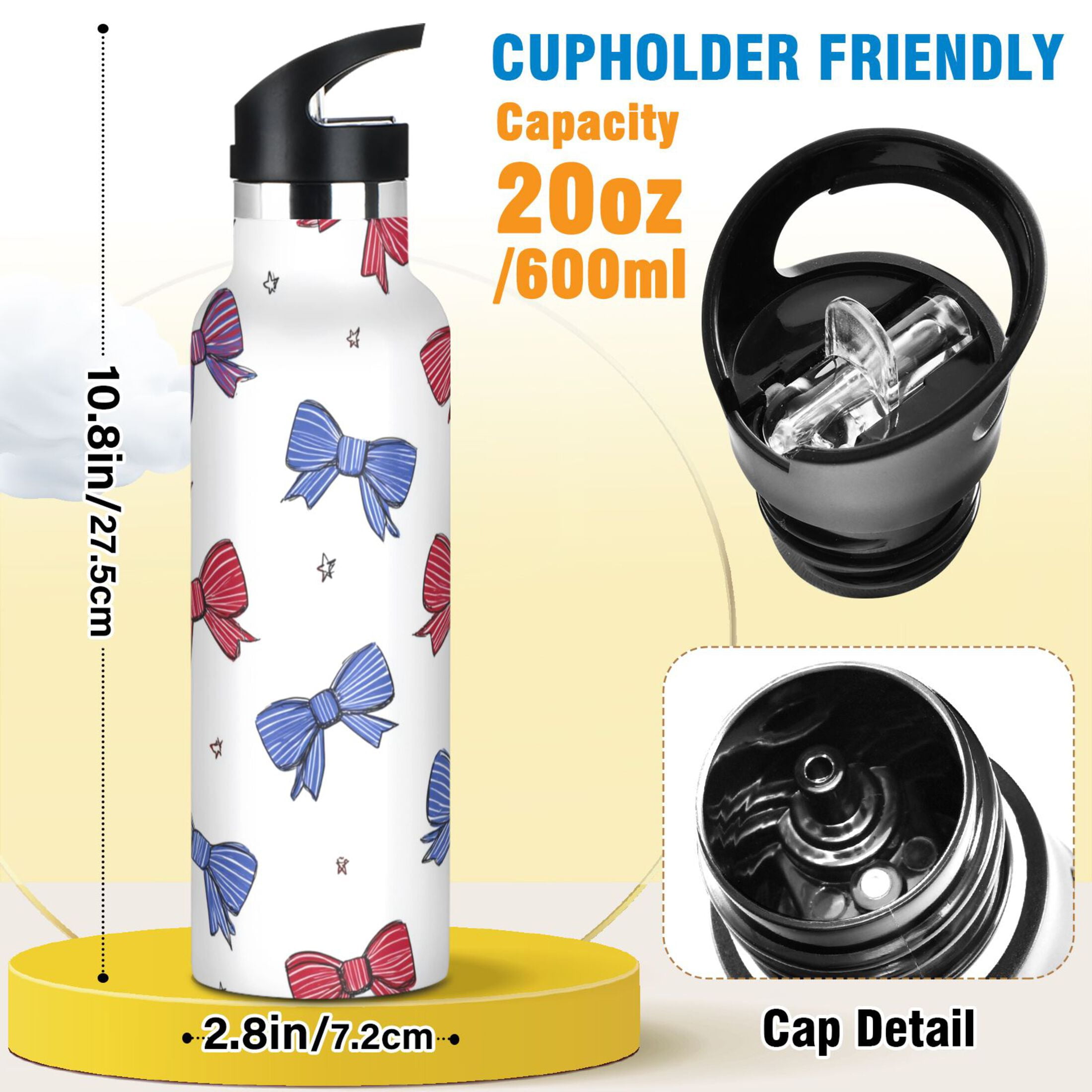 Kids Insulated Stainless Steel Sports Water Bottle 600ml (20oz) Red and Blue Stripe Bows