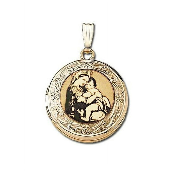 Solid 14k Yellow Gold Round "Blessed Mother" Picture Locket over 3/4 Inch X 3/4 in