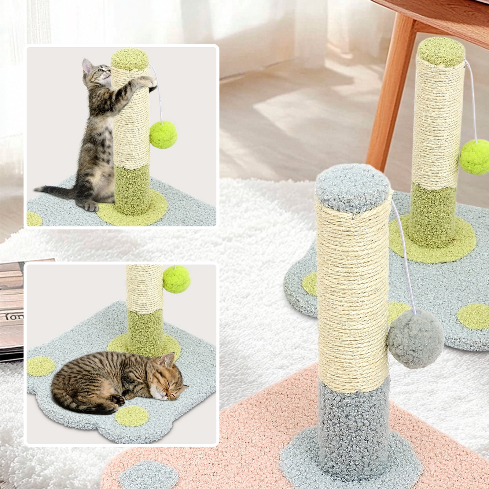 Wear-Resistant Natural Sisal Cat Scratching Post with Cat Ball, Light Blue and Green Paw Print