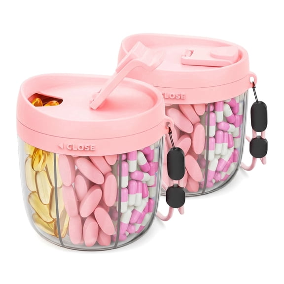 Pill Dispenser with 7 Compartments - Portable Travel Pill Organizer for Vitamins and Supplements, BPA-Free, Pink, 2 Pack
