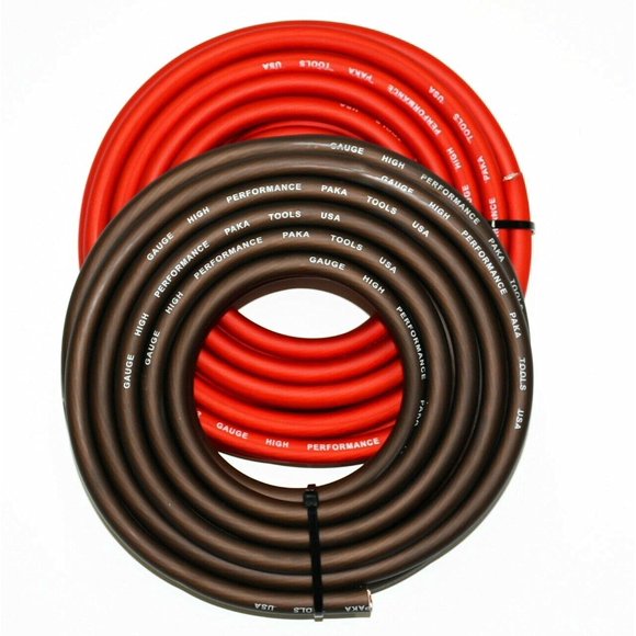 Paka Hand Tools Cable De Calibre Real 1/0, 5 Pies, Rojo/5 Pies, Negro, Amplificador De Potencia/Cable De Amplificador De Tierra, Rollo De Cable De 10 Pies