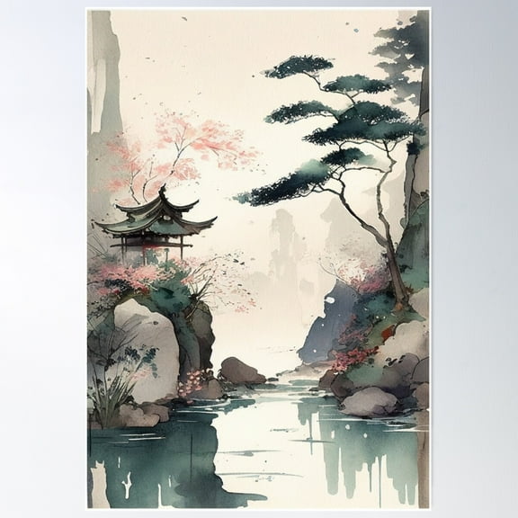 Pagoda And Lake - Beautiful Japanese Watercolor Landscape Poster Wall Art, Modern Wall Decor For Living Room Bedroom, 8x12 UNFRAMED