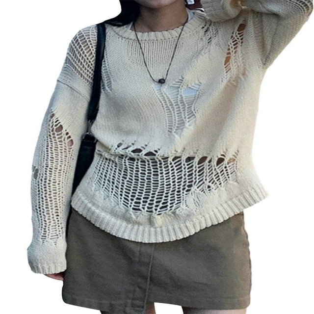 Women Punk Gothic Oversized Sweaters Spring Winter Hollow Out Tops Grunge Clothes y2k Knitted Pullovers