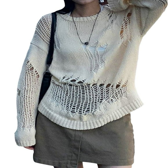 Women Punk Gothic Oversized Sweaters Spring Winter Hollow Out Tops Grunge Clothes y2k Knitted Pullovers