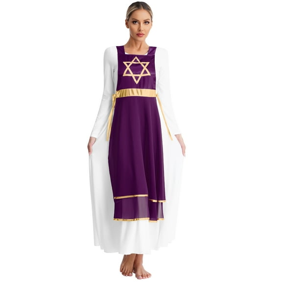 Linjinx Women's Praise Dance Dress Tunic Overlay Hexagram Worship Dance Costume(White Dress Not Dark Purple L