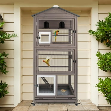 PETSCOSSET 68.8"L Wooden Bird Cage Outdoor Bird Aviary Indoor Large Parakeet Cage on Wheels, Brown