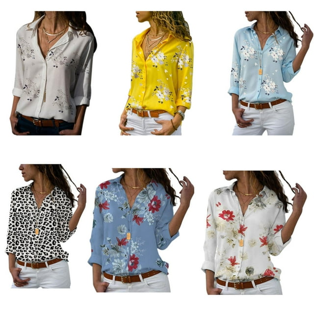 Electronicheart Women Lapel Long Sleeve Blouse Girls Floral Pattern Loose Style Tops Shirt