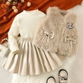 thumbnail image 4 of Wuxian Toddler Fall Outfit Fashionable Fuzzy Vest Long Sleeve Top With Leather Pleated Skirt 3 Piece Stylish Suit Girls Cute Clothing Set,Beige,2-3 Years, 4 of 9