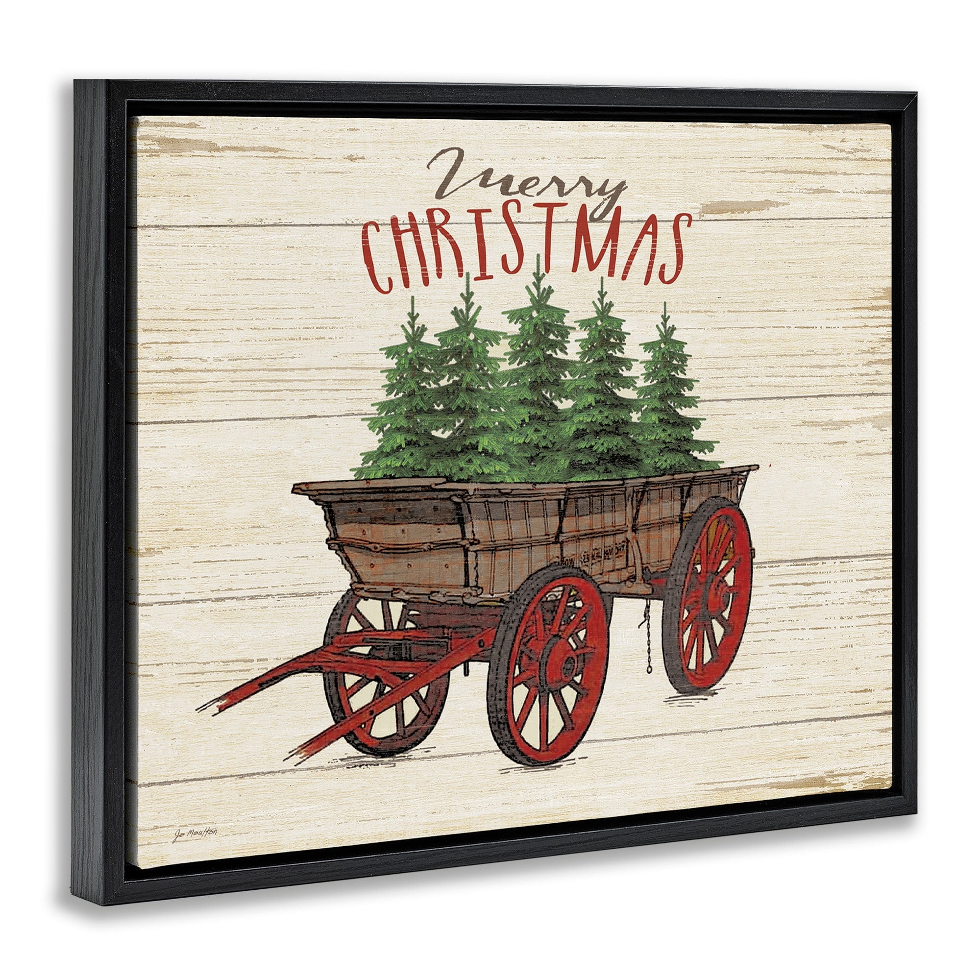 Stupell Industries Merry Christmas Tree Wagon Jet Black Framed Floating Canvas Wall Art, 24x30, by Jo Moulton