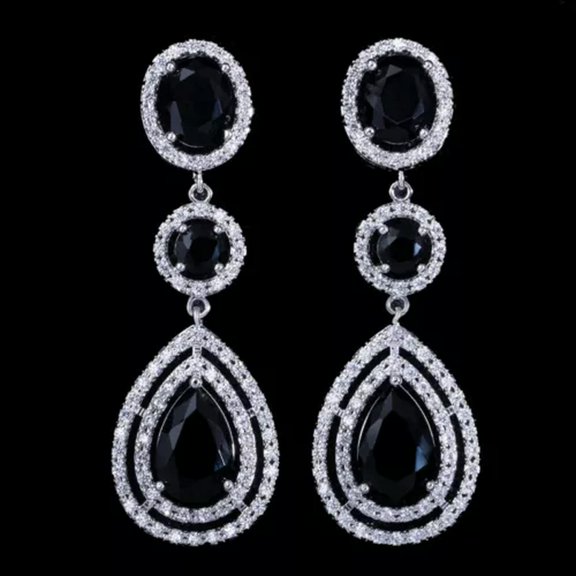 Fashion Purple Black Cubic Zircon Stone Long Bridal Wedding Drop Dangle Earrings