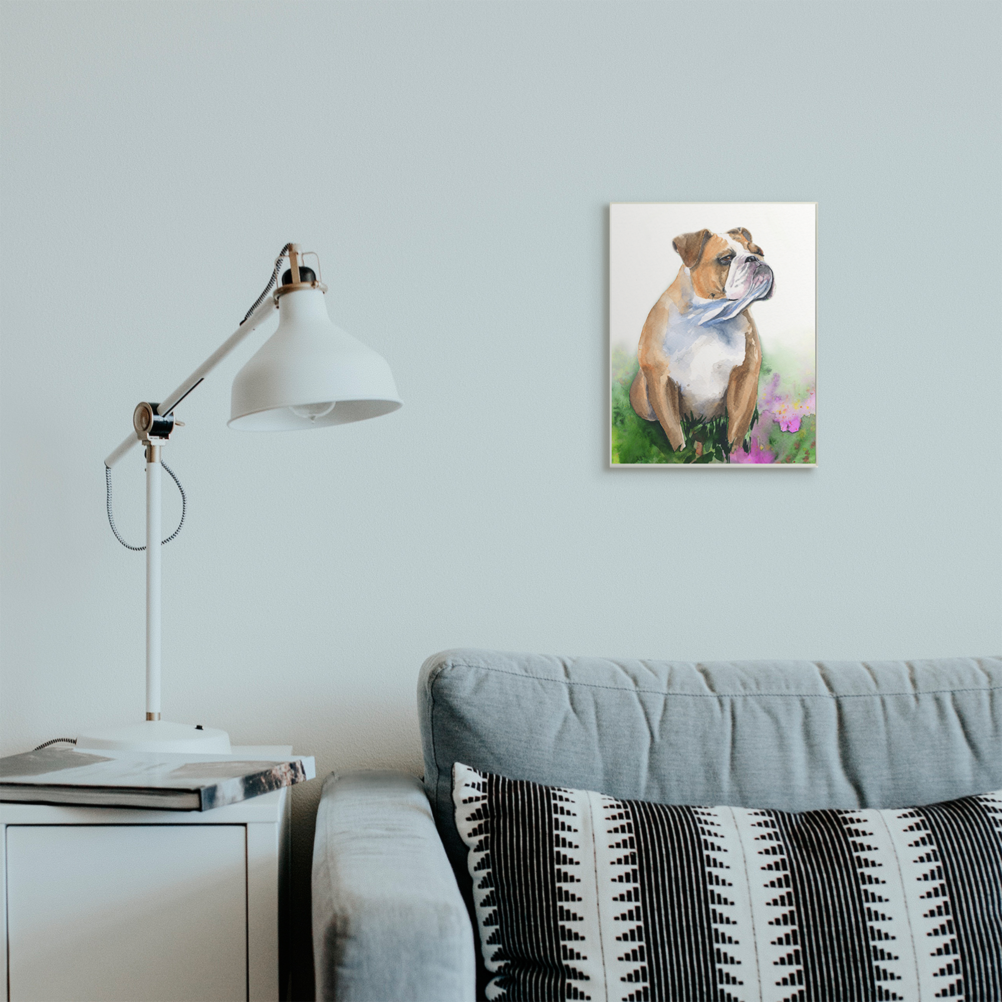 Stupell Industries English Bulldog Grassy Florals Soft Watercolor Portrait Wall Plaque, 10 x 15, Design by George Dyachenko