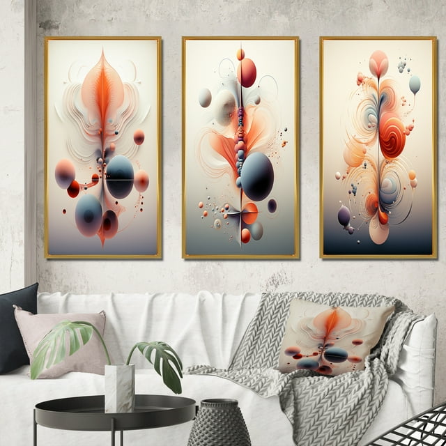 Designart "Interior Metamorphosis Retrofuturistic" Abstract Shapes Framed Wall Art Set Of 3 - Orange Transitional Frame Gallery Set For Office Decor
