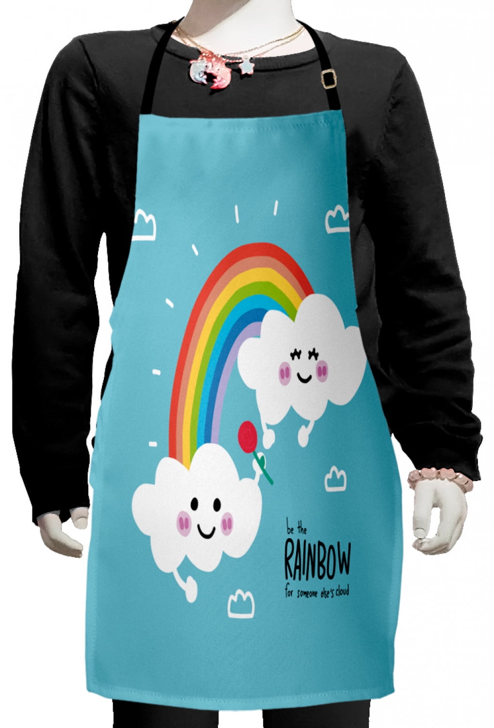 Saying Kids Apron, Be the Rainbow for Someone Elses Cloud Cartoonish Design, Boys Girls Apron Bib with Adjustable Ties for Cooking Baking Painting, Pale Sky Blue Multicolor, by Ambesonne