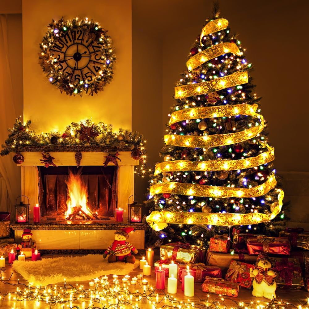 LINLIN Christmas Ribbon Lights, 13ft 40 Light Gold Warm Christmas Fairy Light Xmas String Light Up Ribbon Bows for Indoor Christmas Holiday Party Decoration Supplies