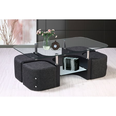 Best Quality Furniture Coffee Table includes 4 Stools and Double Book Shelf and top clear glass