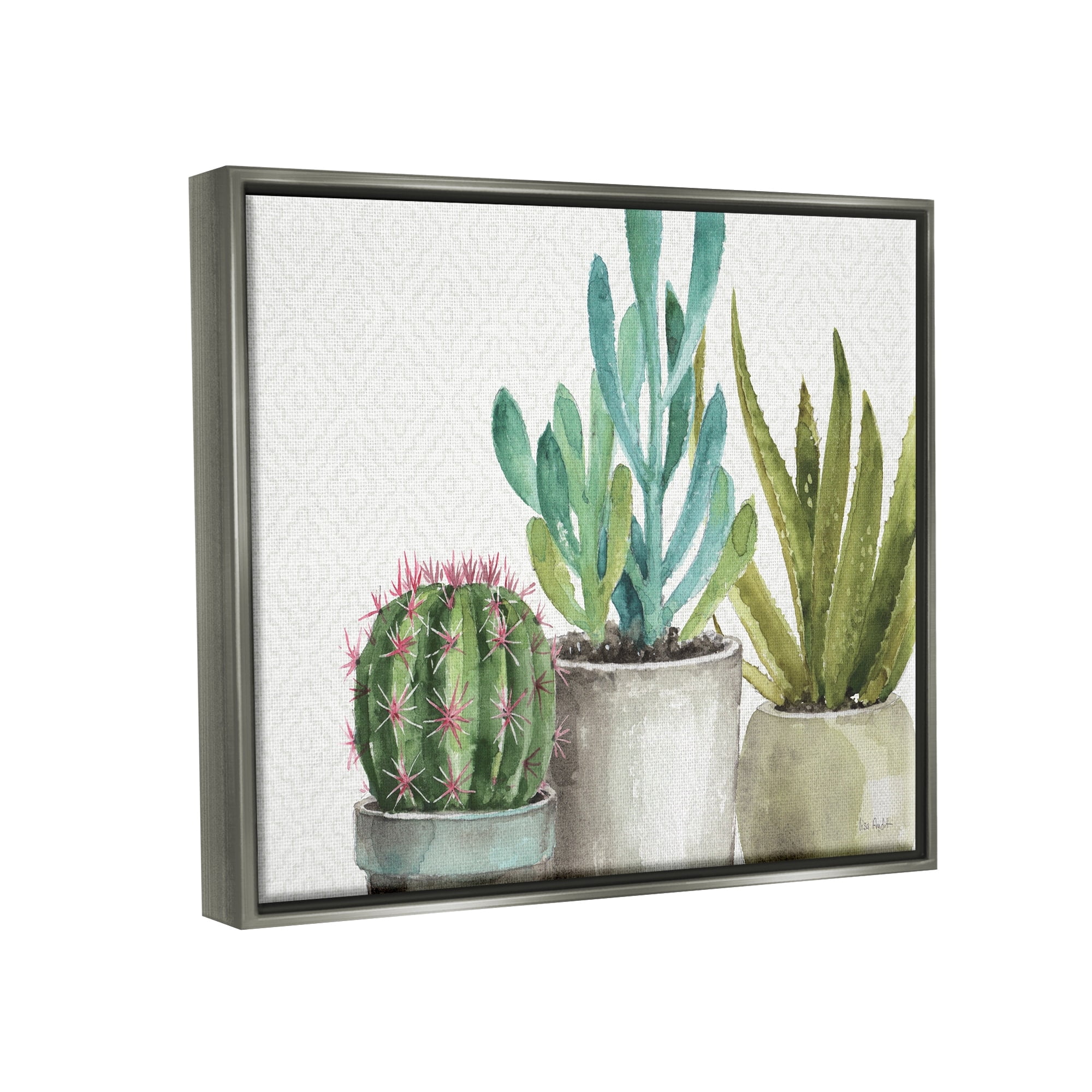 Stupell Industries Modern Succulents Pattern Green Grey Watercolor Painting Luster Gray Framed Floating Canvas Wall Art, 16x20, by Lisa Audit