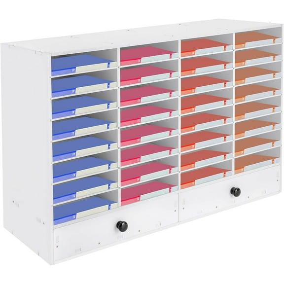 Literature Organizers, 32 Compartments Office Mailbox with Adjustable Shelves and 2 Drawers, Wood Literature Sorter 39.4*12*25.2in inches for Office, Classroom, Mailrooms Organization (White)