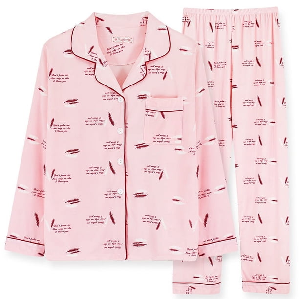 Pijamas bonitos de algodón para mujer, camisetas de manga larga y pantalones con bolsillos, ropa informal de estar por casa con lunares.