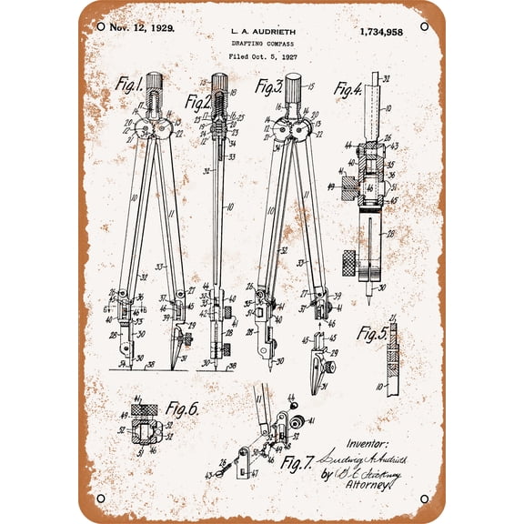 7 x 10 METAL SIGN - 1929 Drafting Compass Patent - Vintage Rusty Look