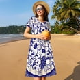 thumbnail image 4 of Balery Blue And White Porcelain Pattern Vestidos sueltos de manga corta para mujer, vestidos de verano 2025, vestidos casuales de corte A con vuelo., 4 of 6