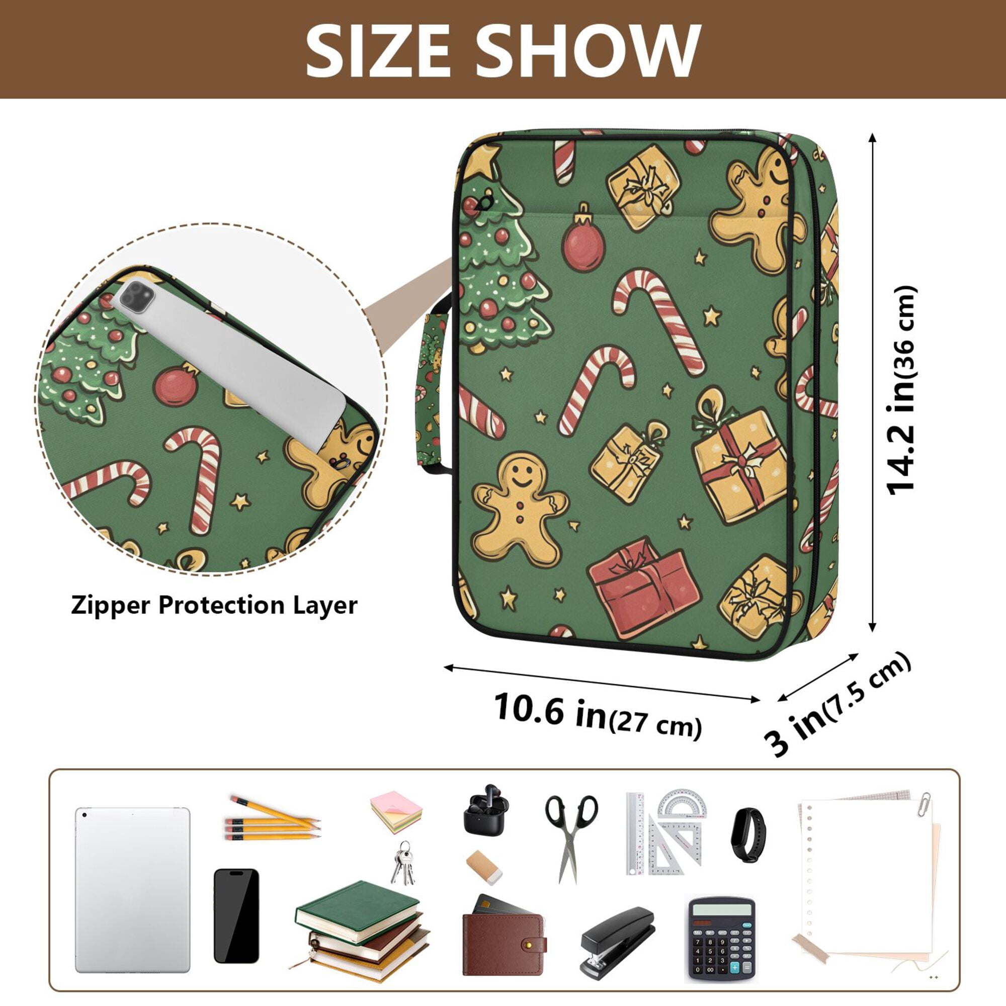 FORMRS Accordion File Folder A4 Size 7-Pocket Expanding Document Organizer Bag with 3 Ring Binder, Yellow Christmas Gingerbread