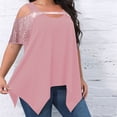 thumbnail image 4 of JGGSPWM Women Sequins Cold Shoulder Tops Irregular Hem Plus Size Blouse Cut Out Scoop Neck Short Sleeve Shirts Breathable Tunic Trendy Tees Flowy Tshirts Pink XXXL, 4 of 8