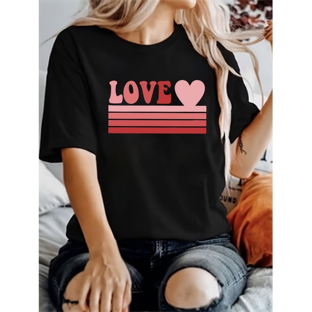 Camiseta para mujer con estampado "LOVE Pink Heart", estilo retro, sencilla, informal, cómoda, deportiva, de manga corta y cuello redondo.