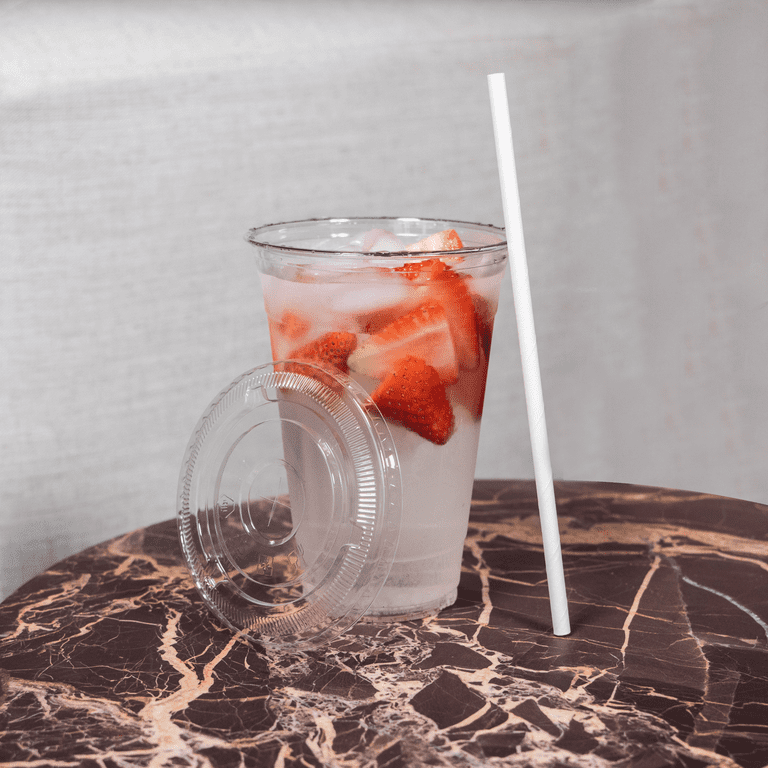 12oz Crystal Clear Plastic Cups with Flat Lids and White Paper Straws - for Summary Beverage, Party, To-Go (100)