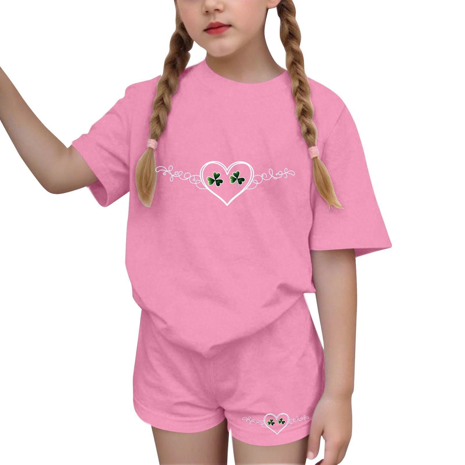 Amidoa Girls Summer Outfit Sets 2 Piece T-Shirt Graphic Short Sleeve and Shorts Set Kids Clothing Sets Pink Size 12