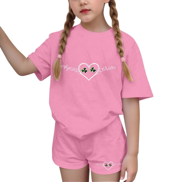 Vestido de manga corta para niños Día de San Patricio impreso manga corta cuello redondo y pantalones conjunto, vestido de niños casual