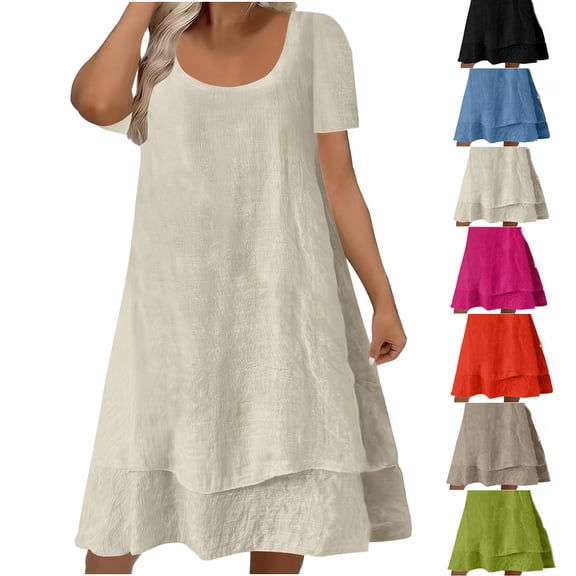 Plus Size Women's Summer Flowy Dresses Casual Short Sleeve Midi Dress Round Neck Ruffle Beach Vacation Dress Dresses for Wedding Beige 5XL