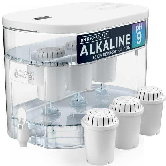 Invigorated Water - Alkaline Countertop Water Filter Dispenser, Large 52-Cup Capacity, Mineralized Alkaline Water, BPA-Free, 96 Gallons/Filter (White