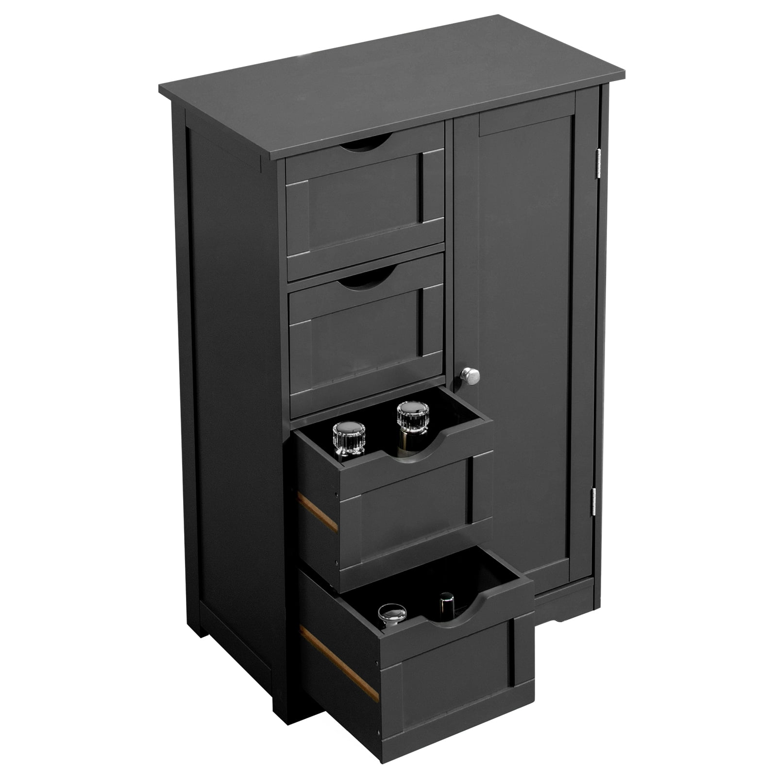 Ktaxon Wooden Bathroom Floor Cabinet, Side Storage Organizer with 4 Drawers, 1 Cupboard & 2-Shelves, Black