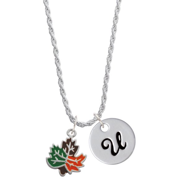 Delight Jewelry Silvertone Large Enamel Fall Leaf Silvertone Script Initial Disc - U - Charm Necklace, 20" 3"